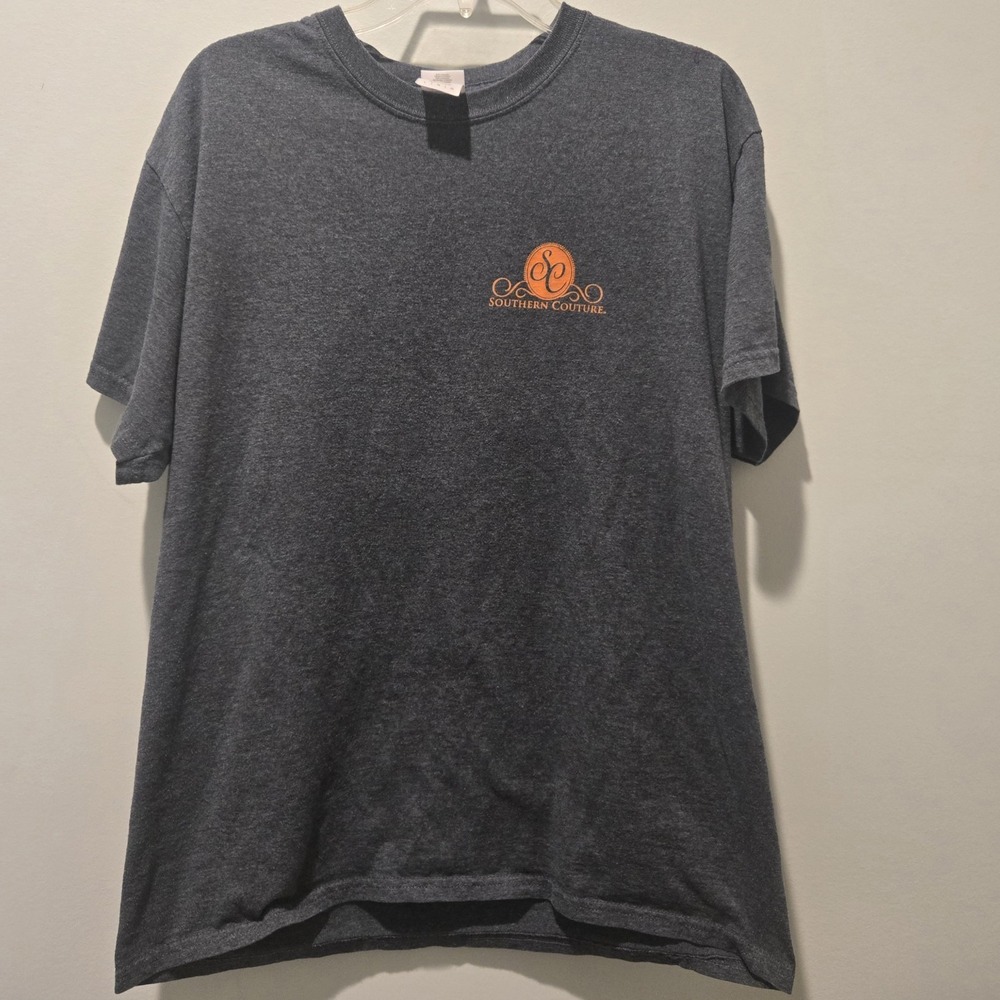 Southern Couture Shirt Womens Large‎ Gray Short Sleeve Deer Blue Orange